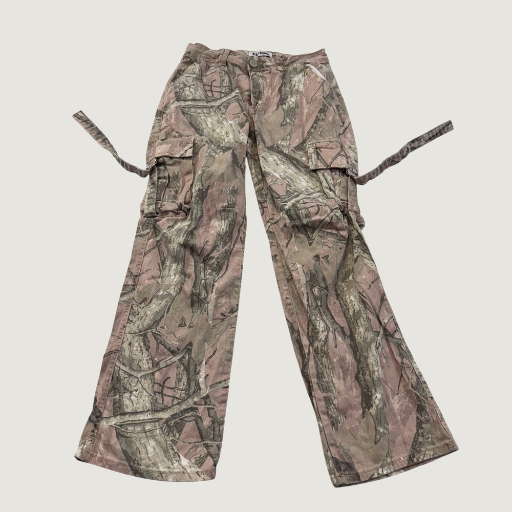 Disclosure Cargo Pants Juniors 9/29 Pink Brown Tree Camo Side Straps Cotton
